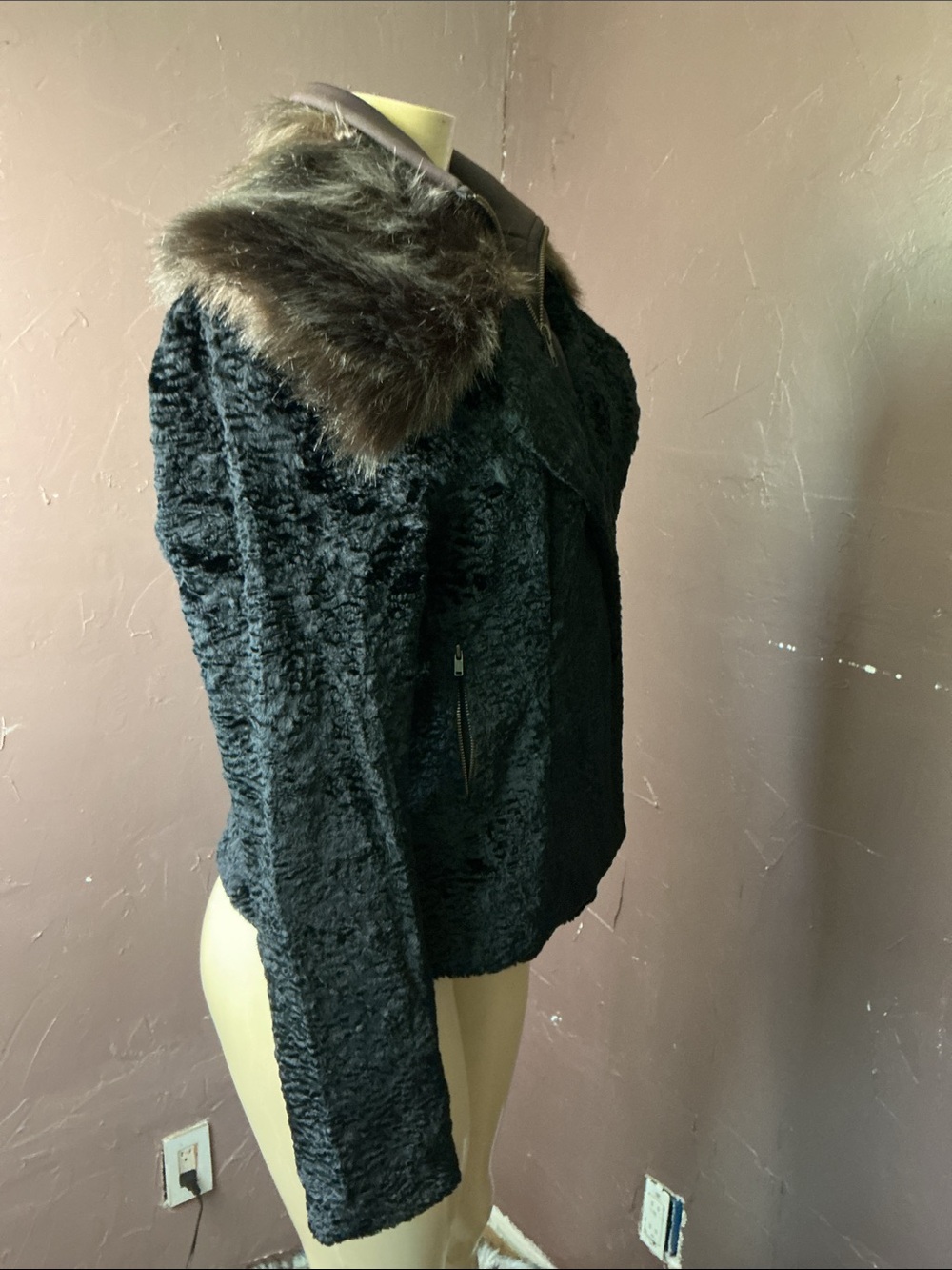 Women's Black Faux Fur Jacket with Brown Faux Fur Collar